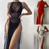 Damen Bademode Cover Up Damen Bikini Mesh Hight Split Fork Dress Female Beach Wrap Shiny Beachwear Drop 230506