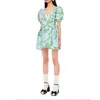 Casual Dresses Lace Floral Print Deep V-neck Short A-formal Senior Sense Bubble Sleeves Waist-slimming Puffy Skirt 2023