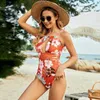 Summer Spring One Piece Swimsuit Spaghetti Straps Chest Wrap Printed Beach Vacation Triangle Bikini