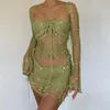 Casual Dresses Sexy Mini Skirts Two Piece Sets Women Sequins Knitted Hollow Out Long Sleeve Crop Top Skirt Suits Summer 2023 Beach Party Outfit Z0506