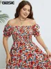 Robes grande taille GIBSIE Floral Print Square Neck Puff Sleeve Dress Women Plus Size Vacation Boho Beach Ruffle Hem A-line Summer Long Dresses 230506