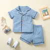 Pajamas Two Piece Striped Print Baby Kids Boys Sets Summer Cotton Linen Short Sleeve Button Shirt High Waist Shorts 2pcs Suit 230505