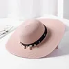 Wide Brim Hats HT1163 High Quality Summer Sun For Women Solid Large Brimmed Black White Floppy With Pearls Ladies Beach Hat