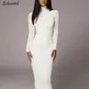 Robes décontractées Schinotch Femmes Maxiskit Sexy Bodycon Skinny Manches longues Robe de couleur unie Col roulé Taille Plis Party Vêtements de dame