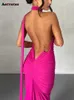 Casual Dresses Aotvotee Backless Dresses for Women 2023 New Fashion Sexy Diagonal Collar Folds Slim White Dress Elegant Sleeveless Maxi Dress Z0506