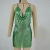 Robes décontractées Sexy dos nu vert métal Sequin Mini robe d'été femmes licou boîte de nuit ensembles de fête Y2k paillettes moulante Vestidos