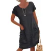 Casual Loose Women Vintage Solid Color Summer Dress Short Sleeve Round Neck knälängdsklänningar Z0506