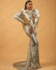 Festklänningar Glänsande guldpaljetter Tassel Långa aftonklänningar Kvinnor Täta ärmar High Neck Mermaid Endast Formell klänning med rundtåg