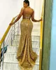 2032 Gold Plus Size Mermaid Prom Dresses Long Sleeves High Neck Crystals Beaded Lace Applique Evening Gown Formal Ocn Vestidos