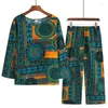 Pantalones de dos piezas para mujer, trajes de verano para madres de mediana edad y mayores, camiseta superior de lino y algodón con estampado, pierna ancha, 2 uds.