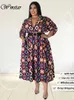 Plusstorleksklänningar WMSTAR PLUS STORLEK KLÄNNER Kvinnor med Belt V Neck Print Maxi Dress Elegant Office Lady Streetwear Wholesale Drop 230506