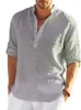 Casual shirts voor heren mannen katoen linnen t-shirts zomer v collarless lange mouw solide zand strandkleding kantoor man tee shirt tops bsdfs-zt167 230506