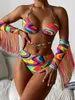 Kvinnors badkläder Sexig Tassel 4 -del Bikini Set Women Neon Green Contrast Color Push Up Bandage Cross badkläder Långärmning Täck upp badkläder 2023 J230506