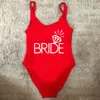 Team Bride Swimsuit Bikini Kvinnor Badkläder Summer High Cut Bridal Party Bathing Suit Plus Size White Letter Sexig 230505