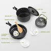Camp Kitchen Ultra Light Aluminy Aluminy Camping Cookware Kit Officils Outdoor Cooking Teapot Picnic Tableware Bot Pot Frying Pan Equipment P230506