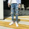 Heren jeans skinny jeans heren streetwear vernietigd gescheurde jeans homme hiphop gebroken modis mannelijk potlood fietser borduurwerkpatch broek 230506