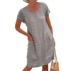 Casual Loose Women Vintage Solid Color Summer Dress Short Sleeve Round Neck knälängdsklänningar Z0506