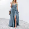 Ethnic Clothing High Waist Slash Neck Women Long Dress Elegant Big Swing A-line Vestidos Verano Vintage Green/Haze Blue Party For Female