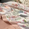 Bedding sets Summer Soft Bamboo Fiber Forest Floral Botanical Pattern Pink Bedding Set Natural Healthy Quilt Cover Set Bed Sheet Pillowcases 230506