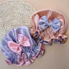 Caps Hats Double Layer Big Knot Sleep Night Cap Satin Hair Protect Hat Baby Girls Night Turban Children Solid Headwrap Sleep Bonnet