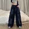 سراويل جينز للسيدات جينز امرأة يابانية أنيقة على عريض الساق سراويل خمر المرقاء بلون سراويل الجيب الشارع y2k ملابس بانتالون 230505