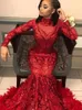 Party Dresses Elegant Red Prom Woman Dance Gowns Long Sleeve Mermaid Feather Evening Formal Clothing