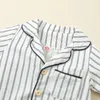 Pajamas Two Piece Striped Print Baby Kids Boys Sets Summer Cotton Linen Short Sleeve Button Shirt High Waist Shorts 2pcs Suit 230505