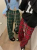 Women's Pants s QWEEK Korean Fashion Red Plaid Women Y2K Vintage Green Oversized Wide Leg Checkered Trousers Harajuku Jogging Sweatpants 230506