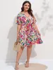 Plus size Dresses Finjani Floral Print Flutter Sleeve Smock Dress Summer Woman Plus Size Deep V-neck Knee Length Skirt 230506