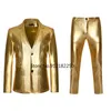 男性Sスーツブレザー光沢のあるゴールド2ピースブレザーパンツテルノマスクリノファッションパーティーDJクラブドレスタキシードスーツ男性ステージシンガー服230506
