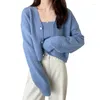 Women's Knits Preppy Style Spring 2 Piece Solid Color Sweater Set For Women Knit V-Neck Button Cropped Cardigan With Cami Tank Top