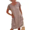 Casual Loose Women Vintage Solid Color Summer Dress Short Sleeve Round Neck knälängdsklänningar Z0506