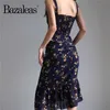 Casual Dresses Bazaleas Retro Sleeveless Back Elastic Dresses Vintage Navy Midi Women Dress Elegant Tulips Print Spaghetti Strap Vestidos Z0506