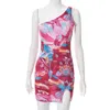 Casual Dresses Bodycon Dress Summer 2023 Målad tryckt sundress Y2K One Shoulder Skinny Short Women Vintage Beach Mini