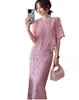 Women's 2 piece dress suit o-neck short sleeve lace crochet hollow out top and midi long pencil skirt twinset SMLXLXXL