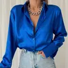 Women's Blouses Shirts Satin shirt polo collar female office lady blouse vintage blue green silk shirt button loose up down shirts black fashion tops P230506