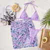 Kvinnors badkläder 2021 Sexig badkläder 3PC Set Halter SwimeWear Butterfly Print Triangle Bikini Swimsuit Drawstring Beach kjol J230506