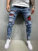 Jeans da uomo European American Street Fashion Uomo Retro grigio chiaro blu Pantaloni casual in denim con patchwork strappati slim fit