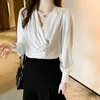 Women's Blouses 2023 Autumn Korean Fashion Button Satin Silk Shirt Office Blouse Women White Lady Long Sleeve V Collar Female Loose Shirts