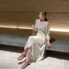 Sıradan Elbise İnci Düğmeleri İlkbahar Yaz Elbise Kadınlar V Yastık Fener Kollu Şifon A-Line Uzun Midi Yüksek Bel Beyaz Kore B363