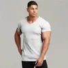 Erkek Tişörtler Erkekler V Boyun Kısa Kollu Tişört Fitness İnce Fit Spor Şeritleri T-Shirt Erkek Katı Moda Tees Üstleri Yaz Örgü Giyim 230506
