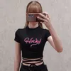 T-shirt pour femme Funny Horny Letters Crop Tops Summer Women Black Hot Short TShirts Sexy Short Sleeve Bandage Tee Femme Chemises Gilrs Vêtements Z0506