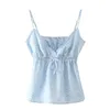 Camisoles Tanks Casual Women Blue V Neck Lace Drawstring Slim Camisole Summer Fashion Ladies Spice Female Knitted Sleeveless Top 230506