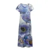 Casual klänningar för kvinnor plus size Summer Short Sleeved V Neck Akvarell Flower Print Long Dress Elegant Beach 2023