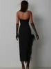 Casual Dresses New Women Sexy Strapless Black White Feather Midi Bandage Dress 2023 Split Knitted Elegant Evening Bodycon Party Dress Z0506