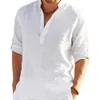 Hommes Chemises Décontractées Hommes Coton Lin T-shirts D'été V Sans Col À Manches Longues Sable Solide Beachwear Bureau Homme Tee Shirt Tops BSDFS-ZT167 230506
