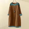 Casual Dresses Corduroy Vintage Patchwork Women Ethnic Pockets Long Dress For Sleeve Party Clothing