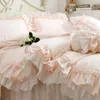 Bettwäsche-Sets Rosa Prinzessin Luxus Baumwolle Einfarbig Doppel Rüschen Spitze Schlafzimmer Bettbezug Bett Rock Tagesdecke Kissenbezüge