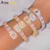 Kedja isad ut bling öppnade gnistrande cz hjärta armband silver färg fyrkantig charm armband för män kvinnor lyx hiphop smycken 230506