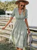 Casual Dresses Women Elegant Striped Lantern Sleeve Summer Dress Causal Vneck Button Ruffles Midi Dress 2023 Women Beach Holiday Party Dress Z0506